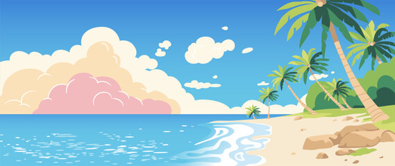 Obraz premium Summer beach sunset background vector with tropical palm trees, ocean waves and sandy shore. Colorful seaside landscape illustration for travel poster, banner and seasonal design.