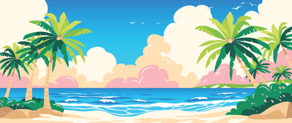 Obraz premium Summer beach sunset background vector with tropical palm trees, ocean waves and sandy shore. Colorful seaside landscape illustration for travel poster, banner and seasonal design.