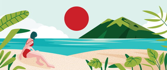 Obraz premium Summer beach background vector with woman in red swimsuit on sandy shore. Tropical seaside landscape with island mountain, blue sea, green leaves and sunny vacation illustration.