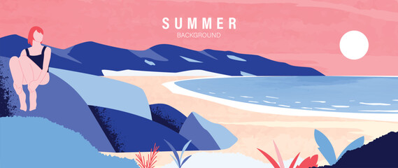 Obraz premium Summer beach background vector with woman sitting on coastal rocks, pink sky, blue sea and mountain landscape. Suitable for travel poster, banner, vacation design and seasonal promotion.