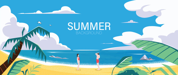 Obraz premium Summer beach background vector with couple on sandy shore, blue ocean, tropical leaves, palm tree and cloudy sky. Suitable for travel poster, banner, vacation design and seasonal promotion.