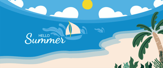 Obraz premium Summer tropical beach vector background with sailboat, palm tree, sandy shore, blue sea and sunny sky. Suitable for travel poster, banner, vacation design and resort promotion.