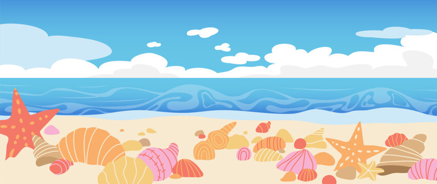 Summer beach background vector with seashells, starfish, sandy shore, blue ocean waves and cloudy sky. Suitable for vacation poster, banner, card and seasonal design.