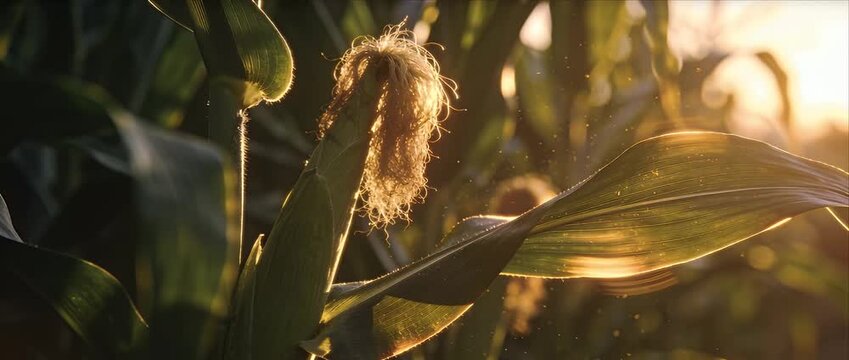 Corn leaf sunlight farm field crop agriculture summer nature sunrise with green maize corn plant, golden silk detail, rural organic summer harvest atmosphere, peaceful agricultural field glowing warm
