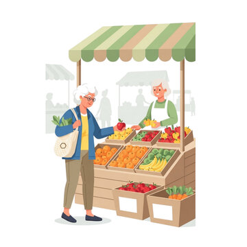senior woman buying fresh produce at farmers market