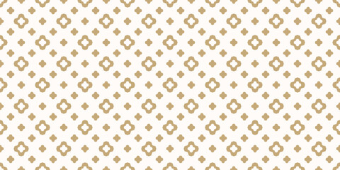 Fototapeta premium Simple vector seamless pattern. Elegant gold and white floral geometric texture with flower silhouettes, cross shapes, stars. Minimalist abstract graphic background. Golden ornament. Repeated design