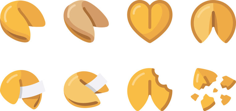 Fortune cookies icon set with whole, heart-shaped, with message, bitten, broken