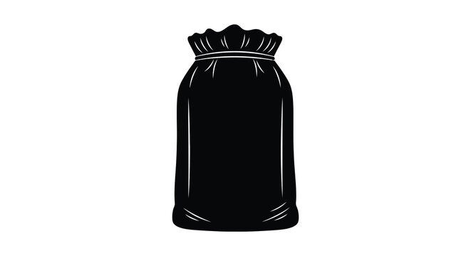 Simple depiction of a closed drawstring bag in stark black silhouette