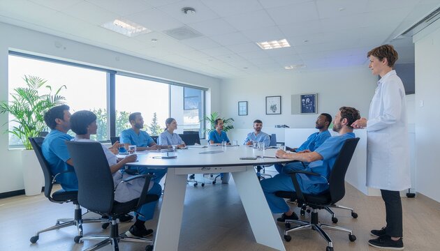 Doctor leading medical team meeting in modern hospital conference room