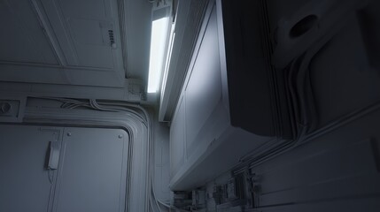 Fototapeta premium Minimalist futuristic corridor inside a spaceship featuring advanced panel structures, glowing light fixtures, and intricate wiring details evoking a sci fi, high tech atmosphere