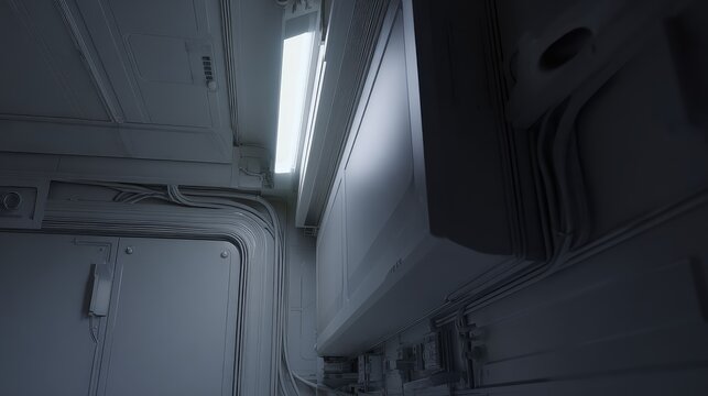 Minimalist futuristic corridor inside a spaceship featuring advanced panel structures, glowing light fixtures, and intricate wiring details evoking a sci fi, high tech atmosphere