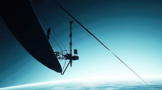 Advanced space architecture with a massive elevator structure and cables reaching towards a distant light source, showcasing futuristic technology for orbital transport