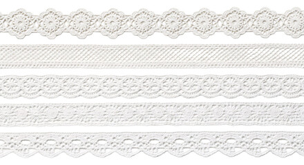 Collection of white lace trims on transparent background.