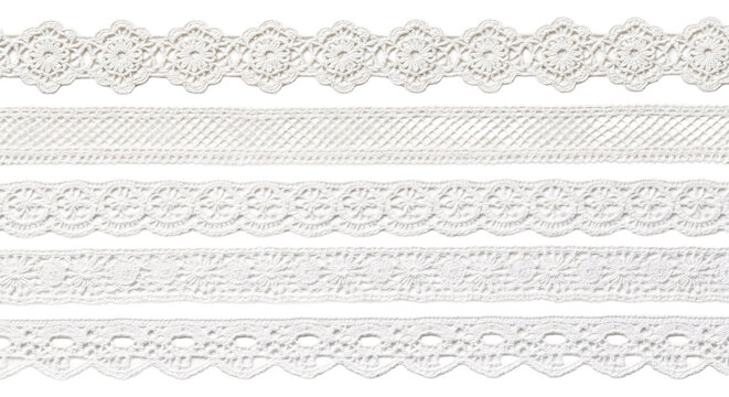 Collection of white lace trims on transparent background.