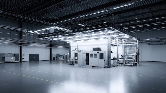 Clean manufacturing facility featuring advanced equipment, machinery, and illuminated workstations, creating a precise environment for high tech production and innovation