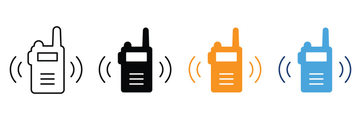 Walkie talkie radio communication icon set, portable wireless transceiver device symbols, handheld transmitter receiver for telecommunication, security equipment. © Shekhar438