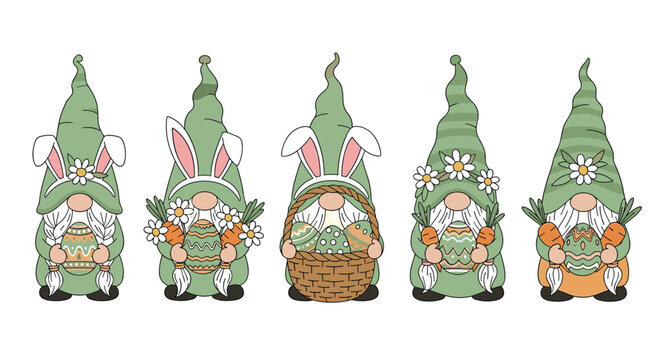 Set of cute Easter gnomes wearing green hats and bunny ears holding colorful eggs baskets and carrots for spring celebration.