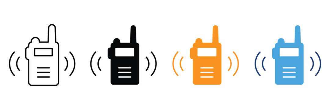 Walkie talkie radio communication icon set, portable wireless transceiver device symbols, handheld transmitter receiver for telecommunication, security equipment.