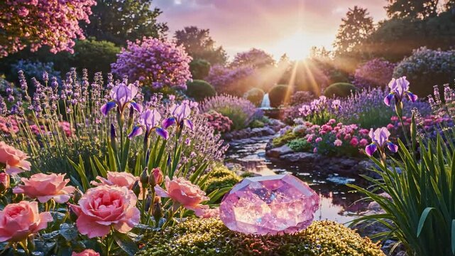 Enchanting Crystal in a Lush Garden at Sunrise
