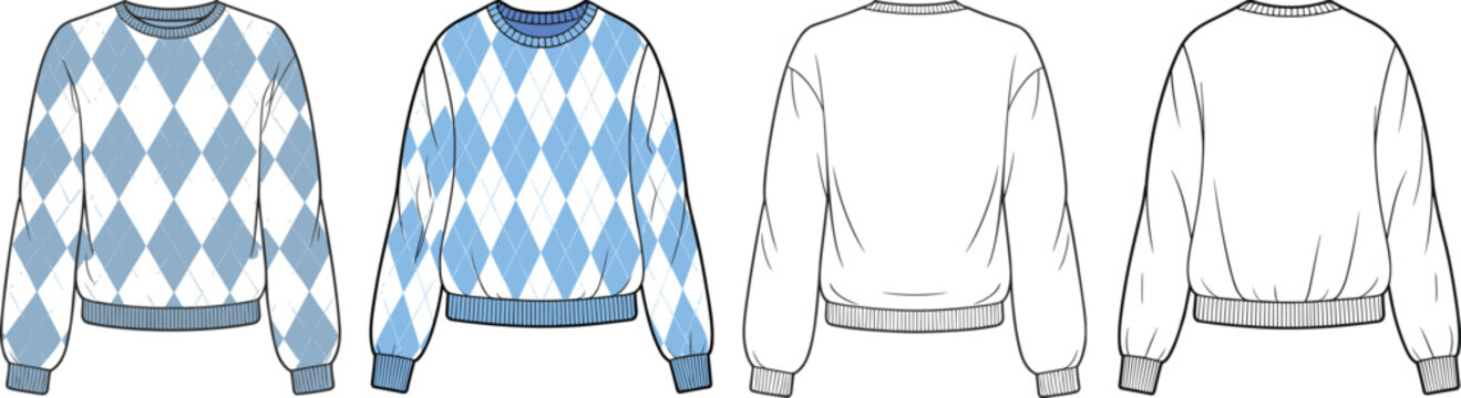 Argyle pattern sweatshirt mockup set, front and back views, cozy casual knit pullover design, apparel template &ndash; vector illustration