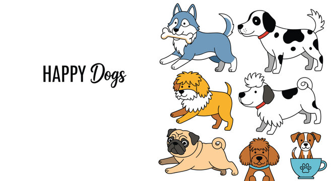 Set of happy dog breeds including husky dalmatian pug and poodle for pet lovers and veterinary services illustrations.