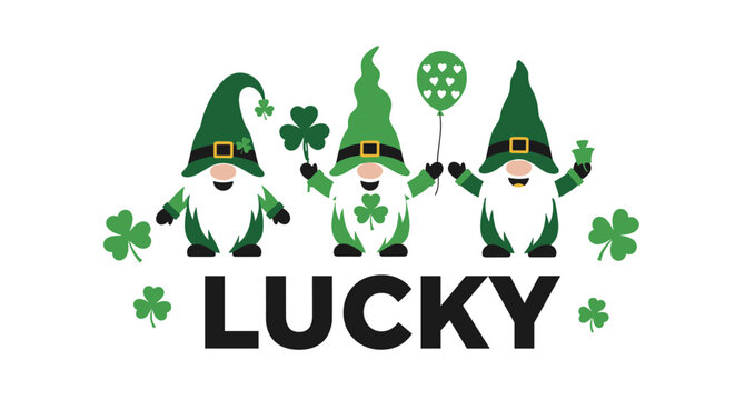 Three lucky gnomes wearing green hats with shamrocks and holding a heart balloon for saint patricks day celebration.