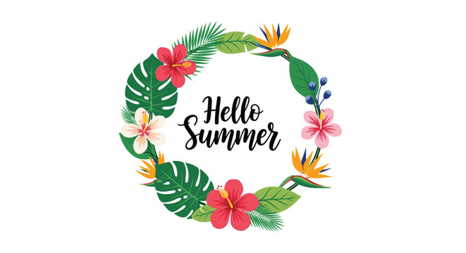 Vibrant hello summer wreath composed of tropical green leaves and colorful hibiscus and bird of paradise flowers.