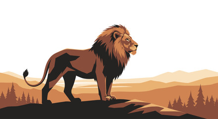 A majestic lion stands proudly on a rocky outcrop in an arid savanna. © Kosong