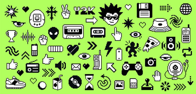Pixel art Y2K icon set, retro 8 bit web symbols, vintage tech elements and UI icons pack vector illustration