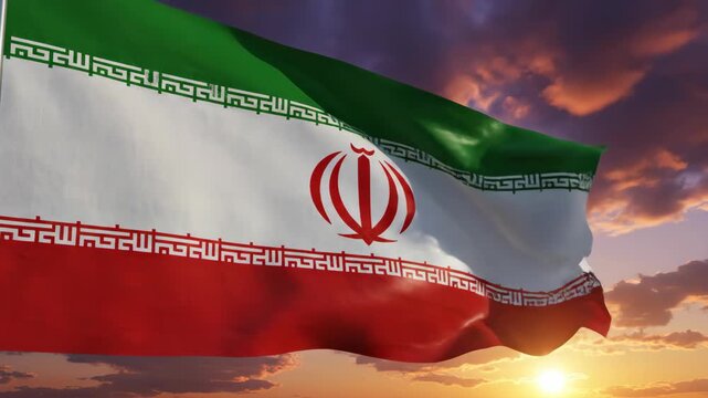 Waving Iranian Flag Against Dramatic Sunset Sky.