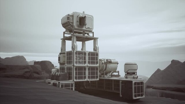 elevated communications hub with prominent antenna array, relay modules linked by walkway, monitoring consoles and signal equipment implied, rugged cliffs