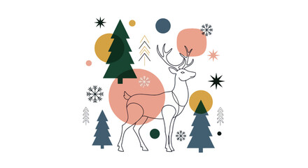 Obraz premium Minimalist winter deer illustration with pine trees and geometric shapes