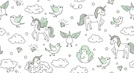 Obraz premium Enchanting seamless pattern for kids features cute unicorns flying birds fluffy clouds and sparkling gems in a whimsical style.