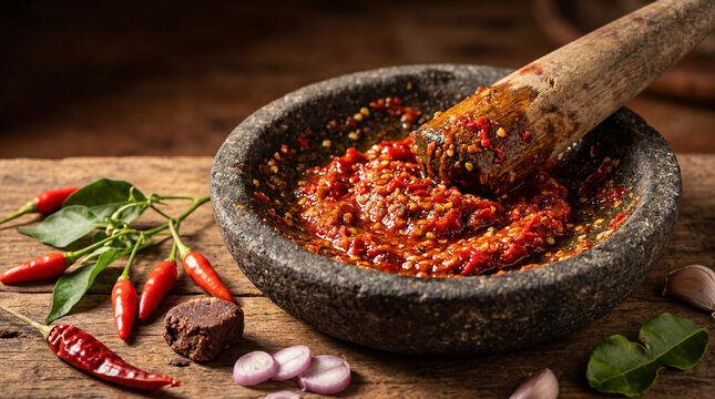 Explosive macro food photograph of freshly ground Indonesian sambal terasi in a traditional granite cobek mortar &mdash; vivid crimson paste glistening with oils, surrounded by fresh cabe rawit chilies