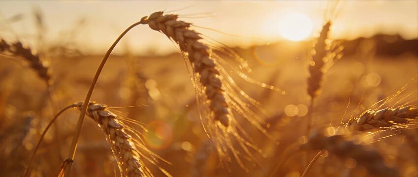 Golden wheat field sunset wheat ear closeup cereal crop organic agriculture farmland rural landscape summer season golden light food background harvest countryside view warm calm mood rural wheat