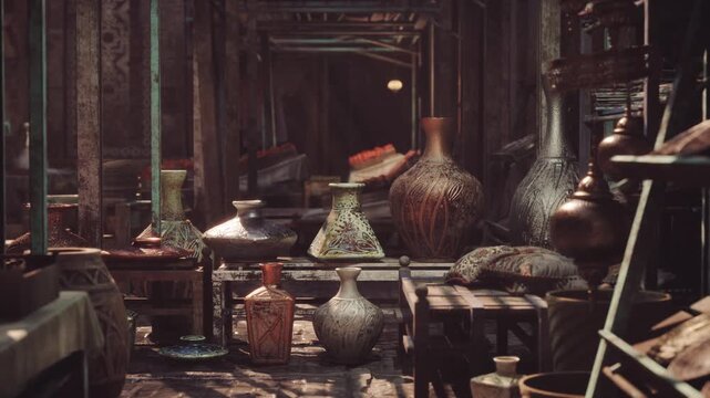 quiet alley collection of pottery and jars on layered shelves, thin shafts of light cutting through overhead beams, calm stillness and tactile surfaces,
