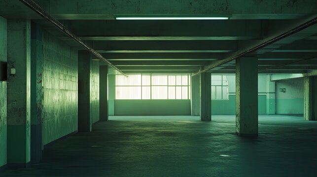 Empty multi level concrete parking garage interior with pillars and fluorescent lighting, creating an eerie, desolate atmosphere perfect for concepts of abandonment and urban decay