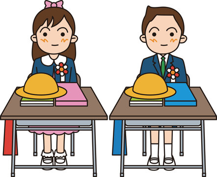 日本の小学校に入学する一年生。正装した男の子と女の子が机に向かって座っているイラスト