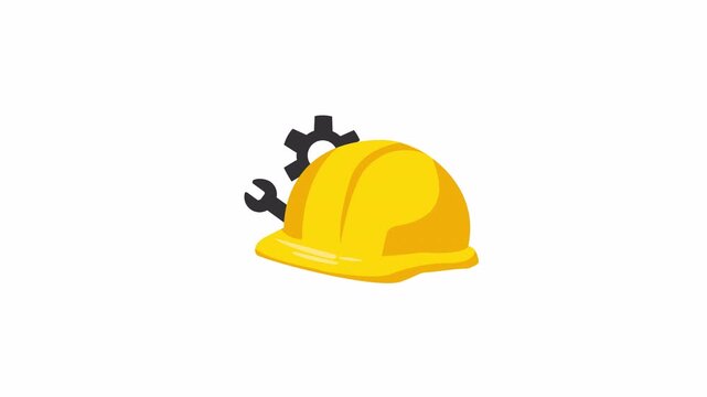 Yellow safety helmet with gear icon in flat vector style, construction theme animation isolated on transparent background with alpha channel