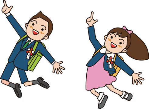 日本の小学校に入学する一年生。正装した笑顔の男の子と女の子がジャンプするイラスト。