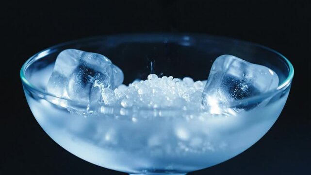 Close up view of ice being poured into a clear glass bowl against a dark backdrop showcasing cold refreshment