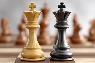 Fototapeta premium Two opposing chess kings, one light wood and one dark metal, stand in sharp focus on a chessboard.
