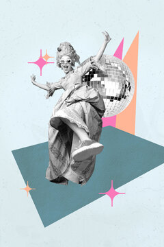 Banner 3d image pop vertical collage of happy girl guy dance weekend celebration event disco ball retro occasion chill relax