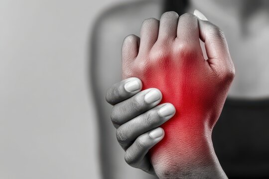Close-up of a hand experiencing pain and inflammation, highlighted in red, symbolizing discomfort and injury.