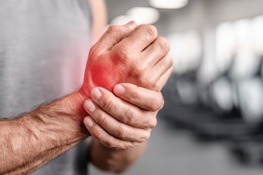 Close-up of a man's hand experiencing pain and inflammation in his wrist, highlighted with red.