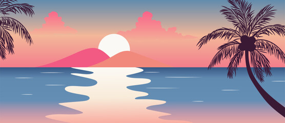 Summer beach sunset background vector with tropical palm trees, ocean waves and sandy shore. Colorful seaside landscape illustration for travel poster, banner and seasonal design. © TWINS DESIGN STUDIO