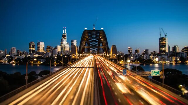 Evening timelapse captures vehicle light trails crossing a large bridge into a city skyline at dusk