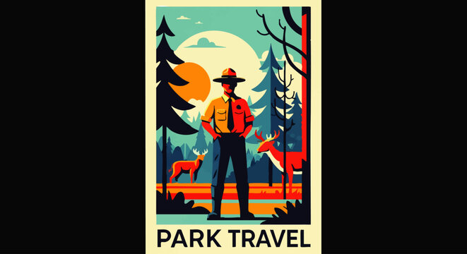 Vibrant Illustration of a Park Ranger Standing Amidst a Serene Forest Landscape with Wildlife and Mountains