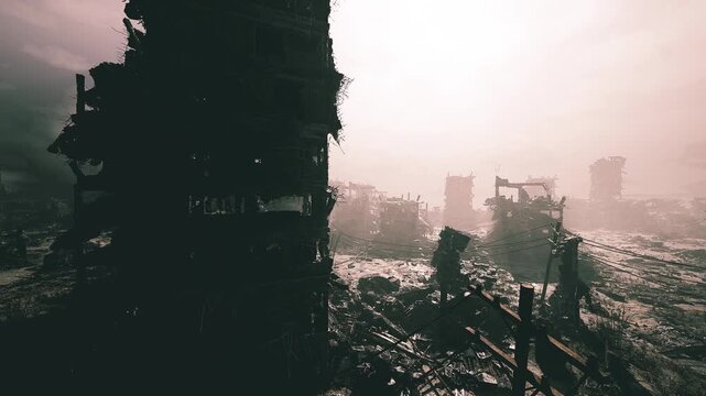 Foggy overgrown ruins with distant towers, pale diffuse light and mist, grasses swaying through broken concrete, researcher scanning horizon for relics, calm