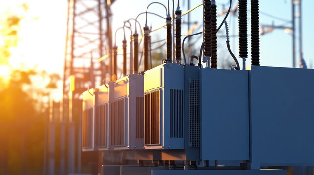 Electrical transformers and power lines transmit high voltage energy, ensuring reliable power supply and grid infrastructure during a warm golden hour